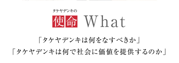 タケヤデンキの使命
            「タケヤデンキは何をなすべきか」
            「タケヤデンキは何で社会に価値を提供するのか」