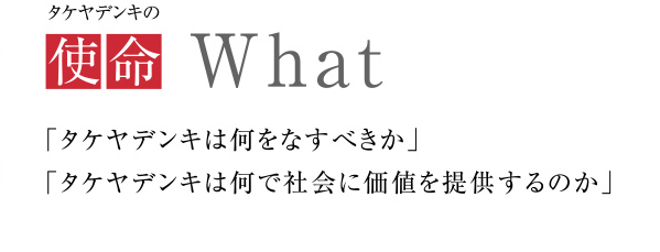 タケヤデンキの使命
            「タケヤデンキは何をなすべきか」
            「タケヤデンキは何で社会に価値を提供するのか」